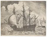 Pieter Bruegel d. Ä., Nach - Bewaffneter Viermaster, in See stechend, 1560, Engraving