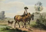 Wilhelm von Kobell, Bayerische Bäuerin mit zwei Pferden und Hund in Voralpenlandschaft