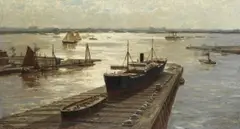 Erwin C. W. Günther, Weiträumige Hafenlandschaft mit Trockendock, 1900, Oil on canvas