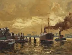 Erich Mercker, Dampfer im Hafen, Oil on canvas