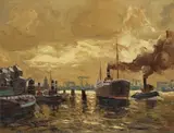 Erich Mercker, Dampfer im Hafen, Oil on canvas