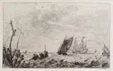 Bonaventura Peeters d. Ä., Fischerboote, Ruderboot und Segelschiff vor einer Hafeneinfahrt, 1640, Etching