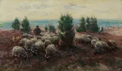 Georg Wolf, Heidschnucken mit Schäfer und Hund, Oil