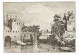 Nicolaes Visscher, 2 Bll.: Schiffe nahe der Küste. Landschaft mit einer Stein- und einer Holzbrücke, 1613, Etching
