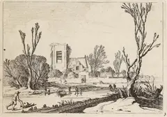 Gillis van Scheyndel, Winterlandschaft mit Schlittschuhläufern vor einem Dorf, 1650, Etching