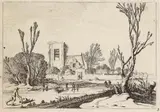 Gillis van Scheyndel, Winterlandschaft mit Schlittschuhläufern vor einem Dorf, 1650, Etching