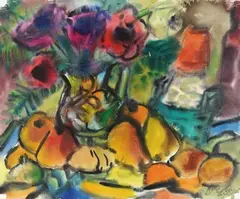Rudolf Bredow, Bemalter Blumenkrug mit Obst und Weinflasche I, 1964, Watercolour