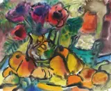 Rudolf Bredow, Bemalter Blumenkrug mit Obst und Weinflasche I, 1964, Watercolour
