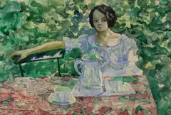 Mädchen am Kaffeetisch by Bruno Krauskopf, 1912, Watercolour, sold Apr 2008