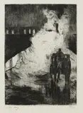 Lesser Ury, Nächtliche Impression (mit Droschke vor Lokomotivendampf), 1924, Etching
