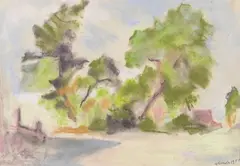William Straube, Baumgruppe auf St. Leonhard Überlingen, 1950, Pastel