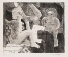 2 Bll.: Interieur mit drei weiblichen Figuren. Interieur mit großer schwarzer Figur by Horst Antes, 1964, Drypoint, sold Apr 2008