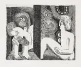 Horst Antes, 2 Bll.: Geteiltes Interieur mit 2 weiblichen Figuren und einer vogeltragenden männlichen Figur. Männliche Figur mit Vogel und Hase, 1964, Etching