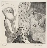 2 Bll.: Paar (weibliche Figur hinter Vorhang). Weibliche Figur mit Schleier und Vase by Horst Antes, 1964, Drypoint, sold Apr 2008