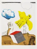 Horst Antes, Komposition mit großem gelben Vogel und Würfel, 1966, Etching and aquatint in colours