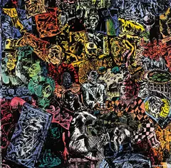 Jörg Immendorff, Café de Flore, 1991, Farblinolschnitt auf Leinwand