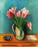 Rudolf Levy, Vase mit roten Tulpen, 1942, Oil on canvas