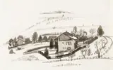 Gabriele Münter, Voralpenlandschaft mit Bauernhaus, 1936, Brush and ink drawing