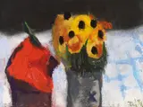 Klaus Fußmann, Roter Mohn und gelbe Blüten, 1992, Gouache