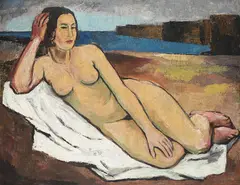 Karl Scheld, Liegender weiblicher Akt auf weißem Tuch, 1924, Oil on canvas