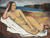 Karl Scheld, Liegender weiblicher Akt auf weißem Tuch, 1924, Oil on canvas