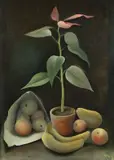 Christian Arnold, Stillleben mit Topfpflanze und Früchten, 1920, Oil
