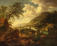 Jan Griffier I, oder Robert Griffier um 1675 England - Amsterdam nach 1726 - Berglandschaft mit Anlegeplatz bei einem Dorf, 1700, Oil on canvas