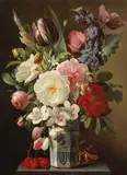 Augustin Alexandre Thierriat, Blumenstillleben mit Rosen und Tulpen in einer Delfter Vase, 1834, Oil on panel