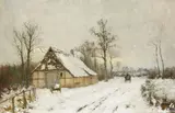 Rudolf Höckner, Winterlandschaft mit Bauernhof und Pferdefuhrwerk, Oil on canvas