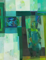 Paul Ohnsorge, Sitzende mit Vogelkäfig, 1970, Oil on canvas