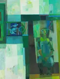 Paul Ohnsorge, Sitzende mit Vogelkäfig, 1970, Oil on canvas