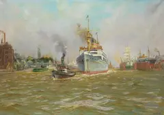 Hans Bohrdt, Der Dampfer "Adolph Woermann" verlässt den Hamburger Hafen, 1942, Oil on canvas