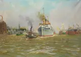 Hans Bohrdt, Der Dampfer "Adolph Woermann" verlässt den Hamburger Hafen, 1942, Oil on canvas