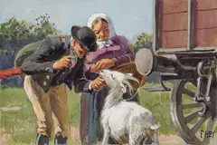 Paul Hey, 6 Bll.: Illustrationen zum volkstümlichen Lied "Auf de' schwäb'sche Eisebahne", 1900, Gouache