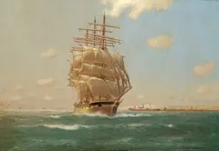 Robert Schmidt-Hamburg, Vollschiff vor Küstenlandschaft, Oil on canvas