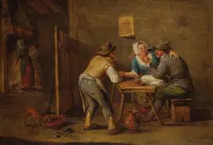 David Teniers, Nachfolge - Wirtshausszene mit zwei Bauern und einer Frau, Oil on panel