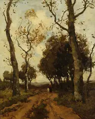 Théophile de Bock, Herbstlandschaft - Frau mit Ziege, Oil on panel