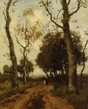 Théophile de Bock, Herbstlandschaft - Frau mit Ziege, Oil on panel