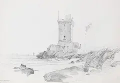 Peter Ferdinand Deurer, Hafenturm bei Terracina, 1832, Pencil drawing