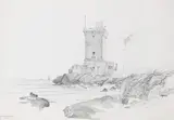 Peter Ferdinand Deurer, Hafenturm bei Terracina, 1832, Pencil drawing