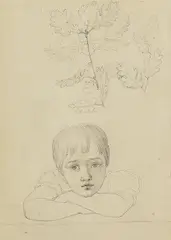 Peter Rittig, Skizze eines nachdenklichen Knaben und von Eichenlaubzweigen, Pencil drawing