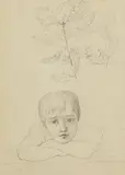Peter Rittig, Skizze eines nachdenklichen Knaben und von Eichenlaubzweigen, Pencil drawing