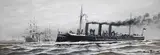 Hans Bohrdt, Kleines Kriegsschiff der Kaiserlichen Marine in Begleitung großer Dampfsegelschiffe vor Küste mit Leuchtturm, 1880, Gouache
