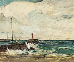 Ernst Kolbe, Hafen von Stolpemünde an der Ostsee, Oil on cardboard