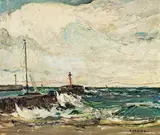 Ernst Kolbe, Hafen von Stolpemünde an der Ostsee, Oil on cardboard