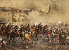 E. A. Moritz Delfs, Szene aus dem deutsch-französischen Krieg 1870/71: Marschall Mac Mahon wird verwundet zu Napoleon III. getragen, Watercolour