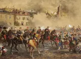 E. A. Moritz Delfs, Szene aus dem deutsch-französischen Krieg 1870/71: Marschall Mac Mahon wird verwundet zu Napoleon III. getragen, Watercolour