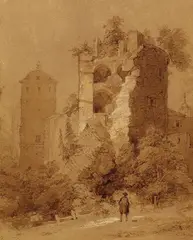 Theodor Verhas, Der Krautturm (gesprengte Turm) des Heidelberger Schlosses, 1856, Brush and India ink drawing