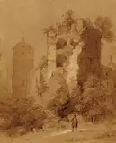Theodor Verhas, Der Krautturm (gesprengte Turm) des Heidelberger Schlosses, 1856, Brush and India ink drawing
