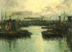 Otto Wild, Hamburger Hafen mit Werft, 1950, Oil on fibreboard